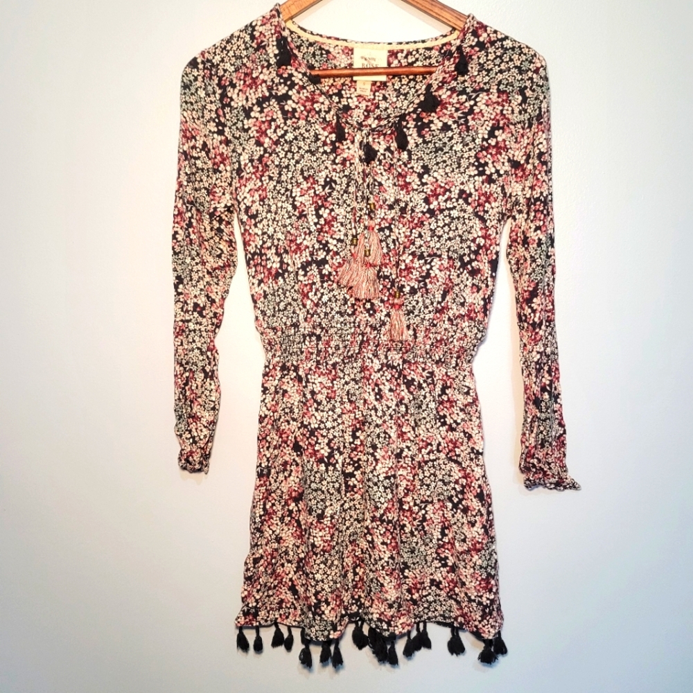 Knox Rose Floral Dress Maroon, Black Juniors Size S Elastic wasit long sleeve
